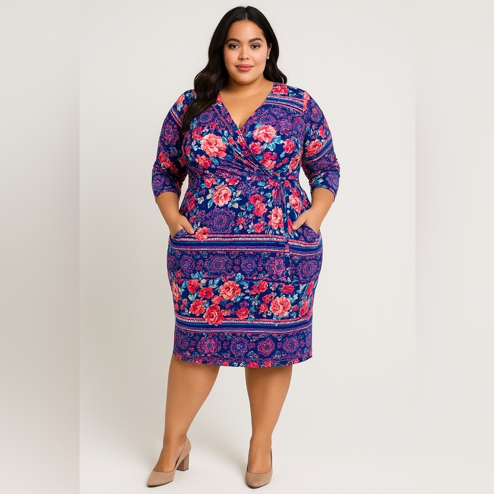 Single floral print three quarter sleeve sheath dress‎ wrap with pockets,  5X